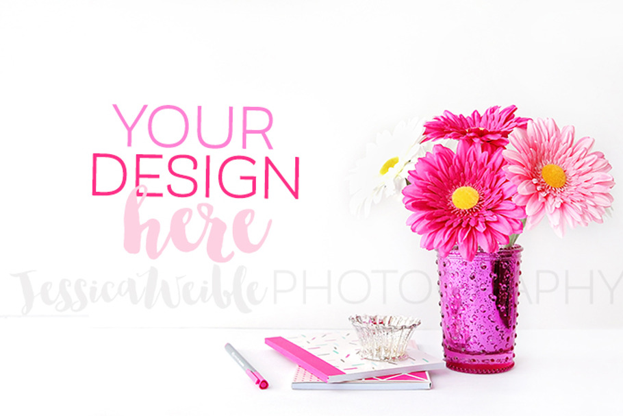 Pink Vase Flowers + Stationery Photo