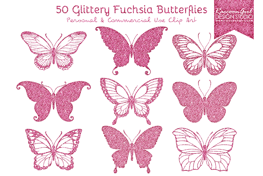 50 Glittery Fuchsia Butterflies