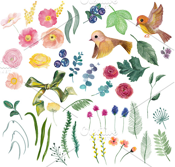 Watercolor blooming garden in Illustrations - product preview 1