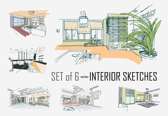 6 hand drawn interior sketches in Illustrations - product preview 1