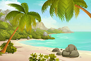Tropical beach with palms, vector