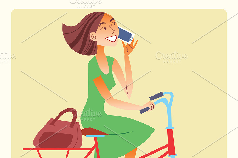 Young woman riding a bike in Illustrations - product preview 8