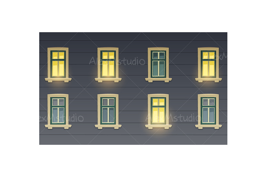 Retro Building Facade At Night in Illustrations - product preview 8