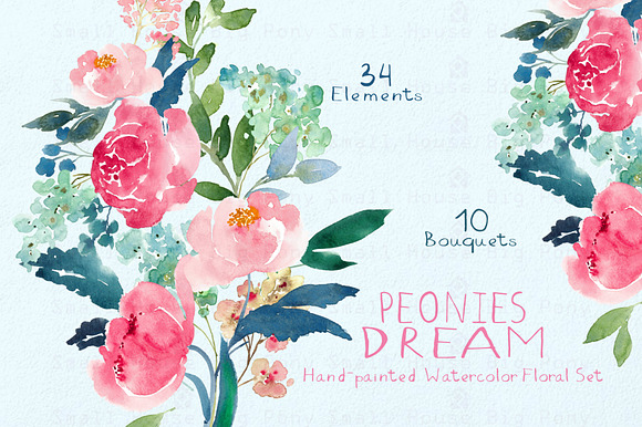 Peonies Dream - Watercolor Floral Se in Illustrations - product preview 3