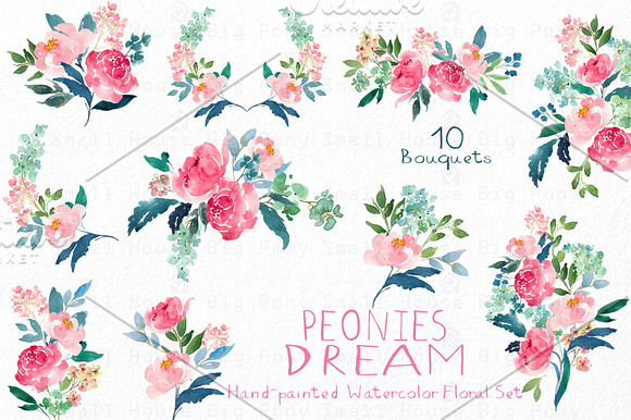 Peonies Dream - Watercolor Floral Se in Illustrations - product preview 4
