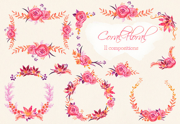 Coral Floral watercolor compositions in Illustrations - product preview 1