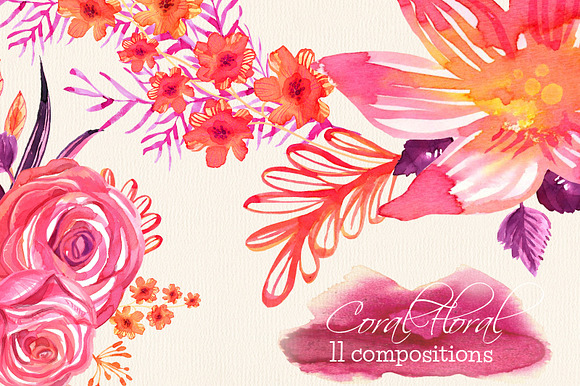 Coral Floral watercolor compositions in Illustrations - product preview 2