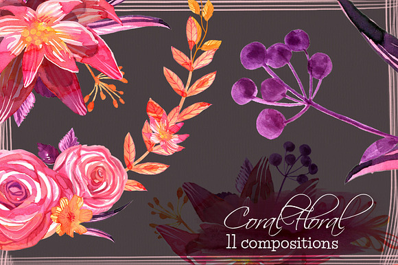 Coral Floral watercolor compositions in Illustrations - product preview 3