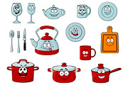 Cartoon smiling kitchenware and glas