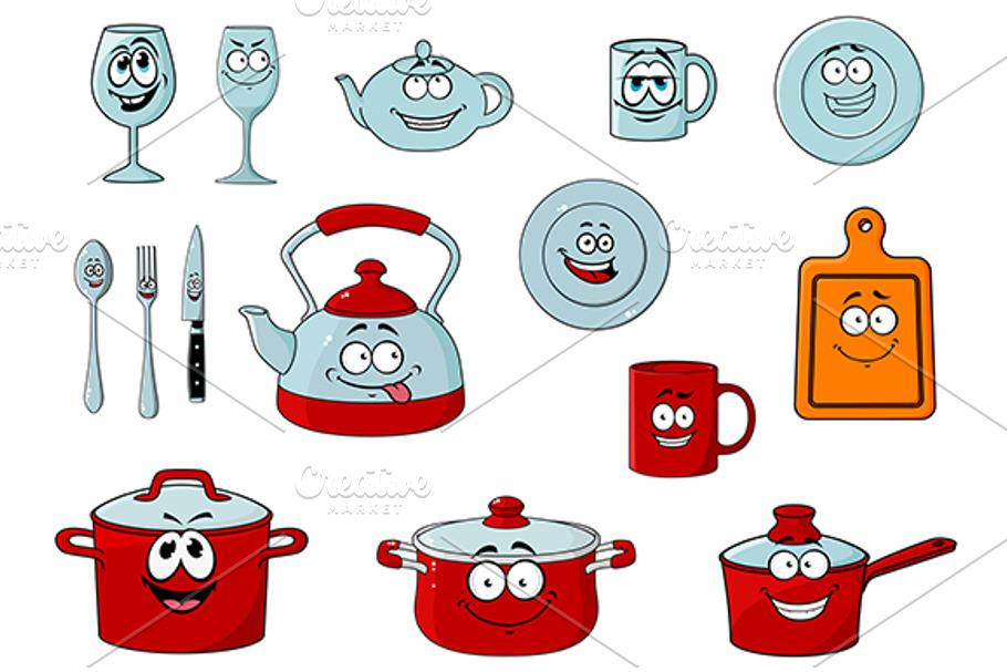 Cartoon smiling kitchenware and glas in Graphics - product preview 8