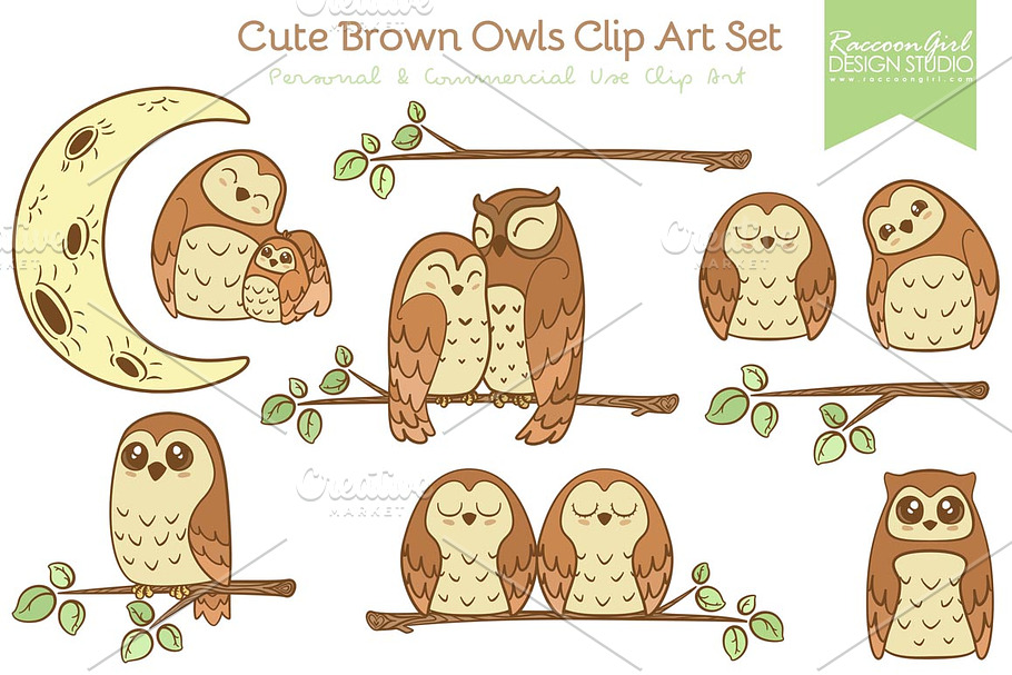 Cute Brown Owls Clip Art Set