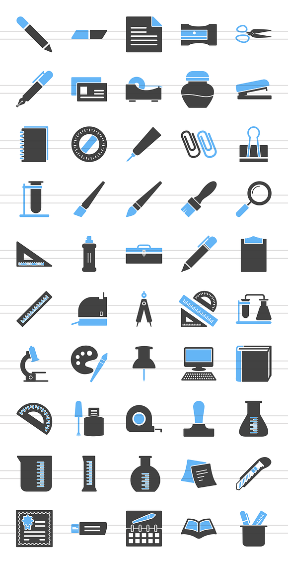 50 Stationery Blue & Black Icons in Graphics - product preview 1
