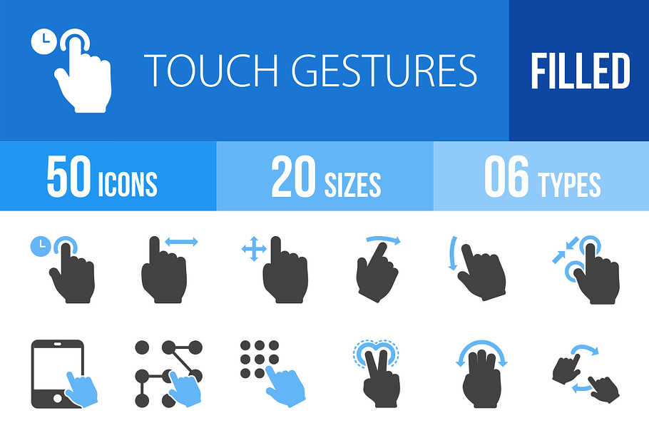 50 Touch Gestures Blue & Black Icons