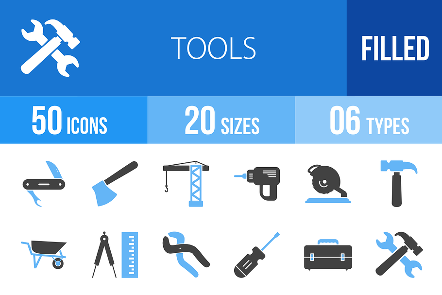 50 Tools Blue & Black Icons