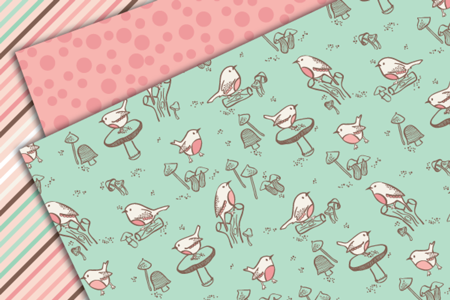 Little Birds mint pink Digital Paper