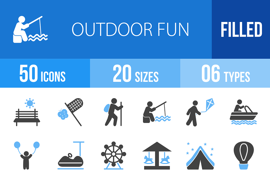 50 Outdoor Fun Blue & Black Icons