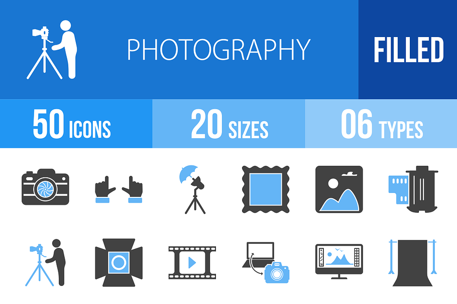 50 Photography Blue & Black Icons in Graphics - product preview 8