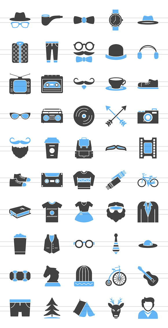 50 Hipster Blue & Black Icons in Graphics - product preview 1