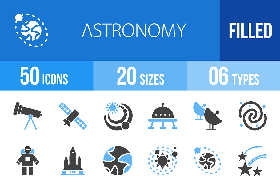 50 Astronomy Blue & Black Icons
