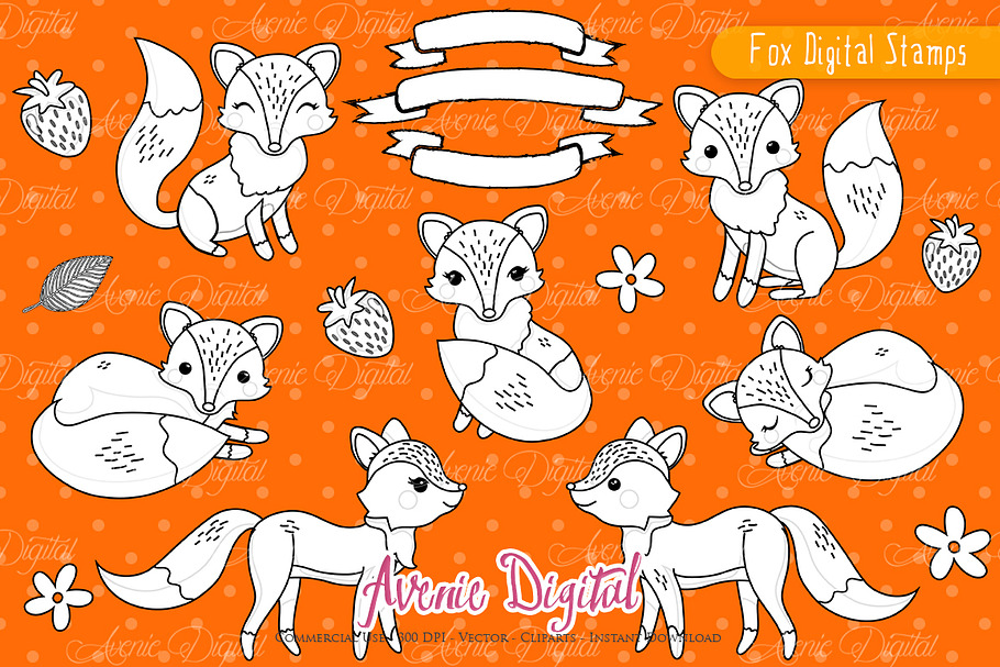 Cute Fox Digital Stamps