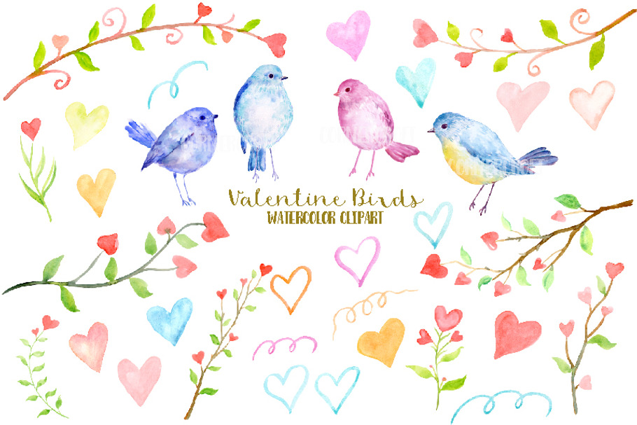 Watercolor Clipart Valentine Birds