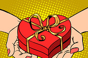 Woman palm shape red heart gift box