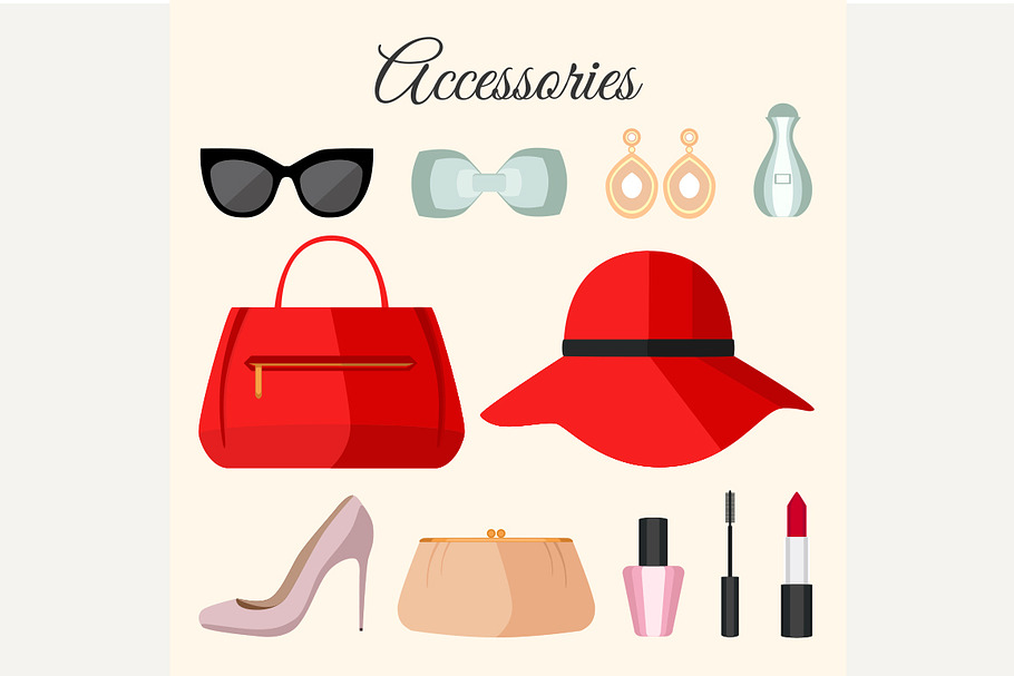 Lady fashion accessories set in flat in Objects - product preview 8