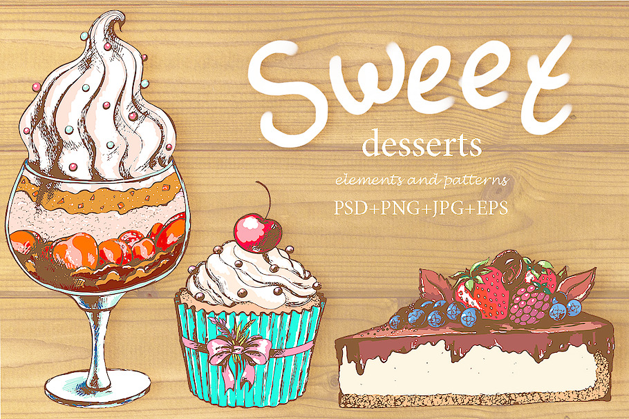 Sweet desserts set in Illustrations - product preview 8