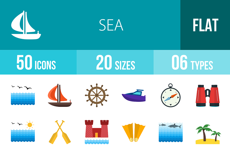 50 Sea Flat Multicolor Icons in Graphics - product preview 8