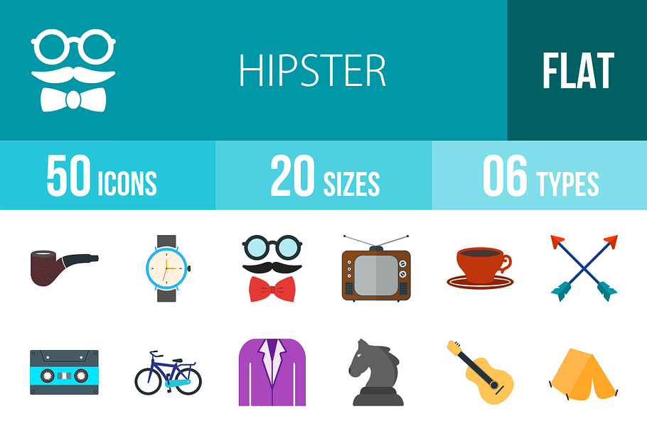 50 Hipster Flat Multicolor Icons in Graphics - product preview 8