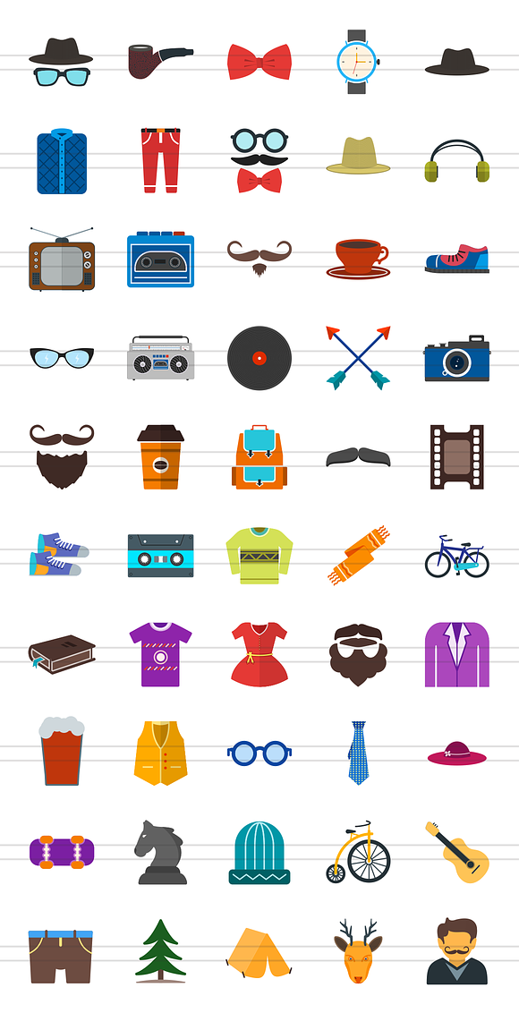 50 Hipster Flat Multicolor Icons in Graphics - product preview 1