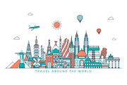 Line art world travel illustration