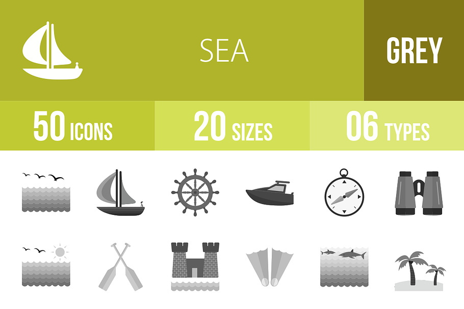 50 Sea Greyscale Icons in Graphics - product preview 8