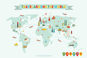 World map with famous monuments