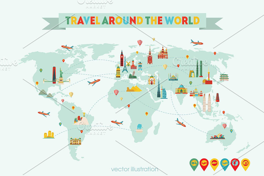 World map with famous monuments in Illustrations - product preview 8