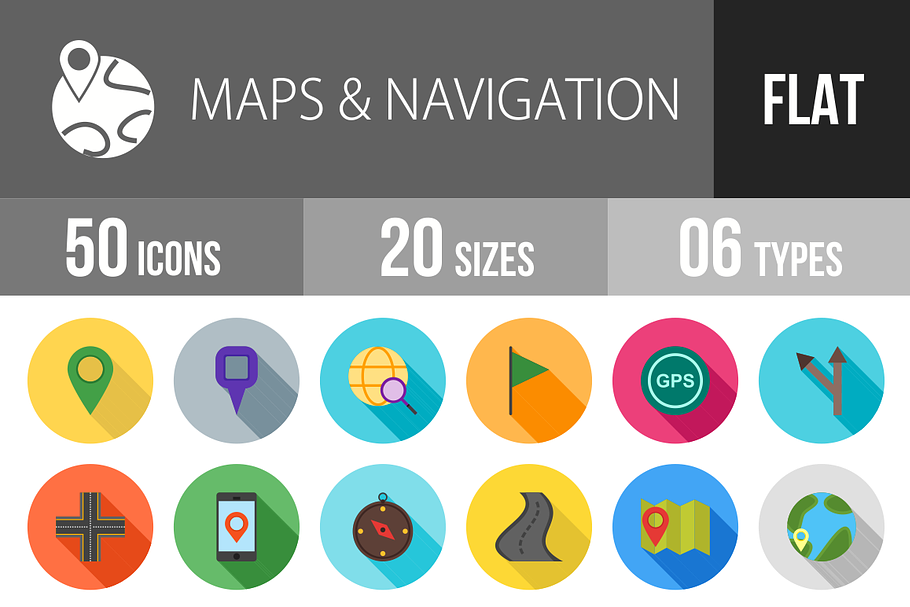 50 Maps Flat Shadowed Icons in Graphics - product preview 8