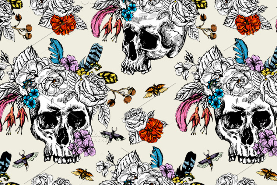Skull with flowers, birds, feathers in Illustrations - product preview 8