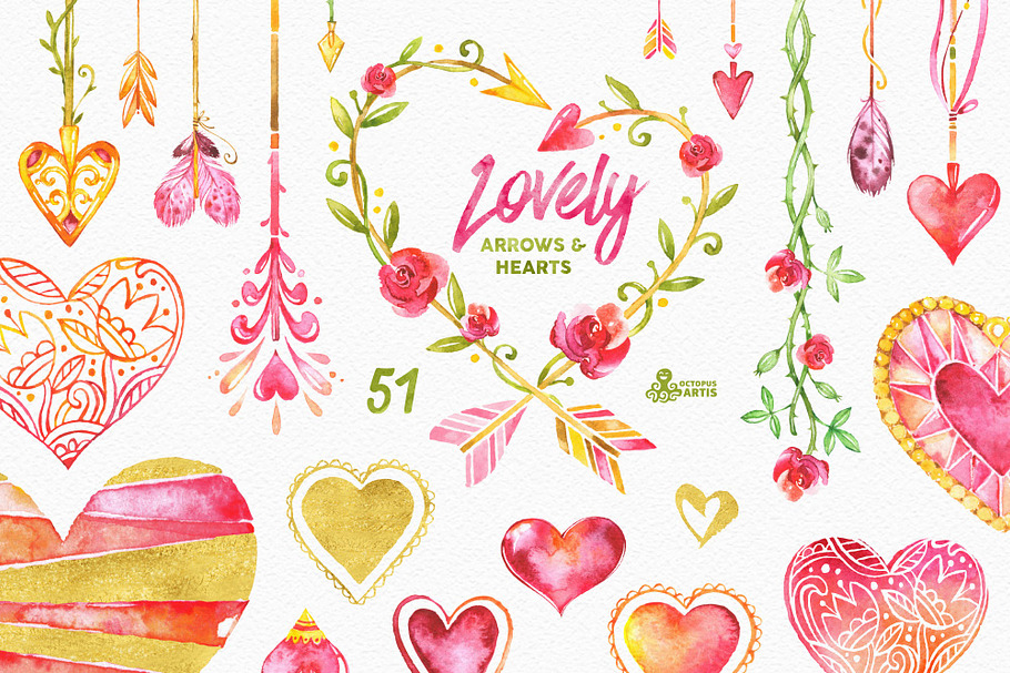 Lovely Arrows & Hearts. Watercolor in Objects - product preview 8