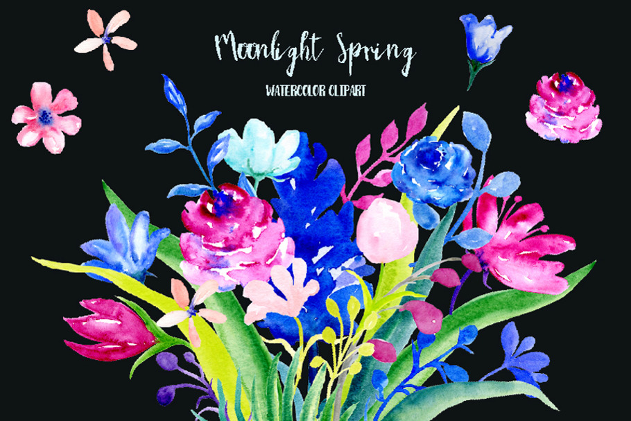Watercolor Clipart Moonlight Spring in Illustrations - product preview 8
