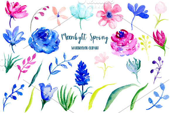 Watercolor Clipart Moonlight Spring in Illustrations - product preview 1