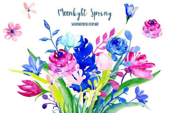 Watercolor Clipart Moonlight Spring in Illustrations - product preview 3