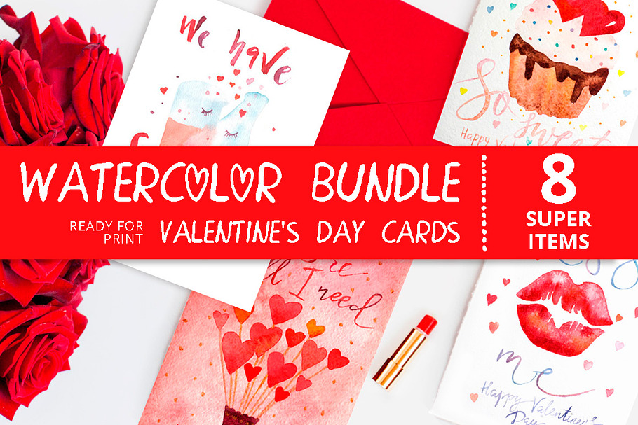 Watercolor Valentine's cards bundle
