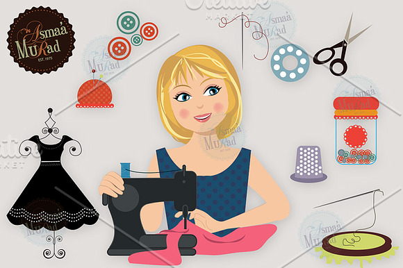 Sewing clipart Woman Character in Illustrations - product preview 1