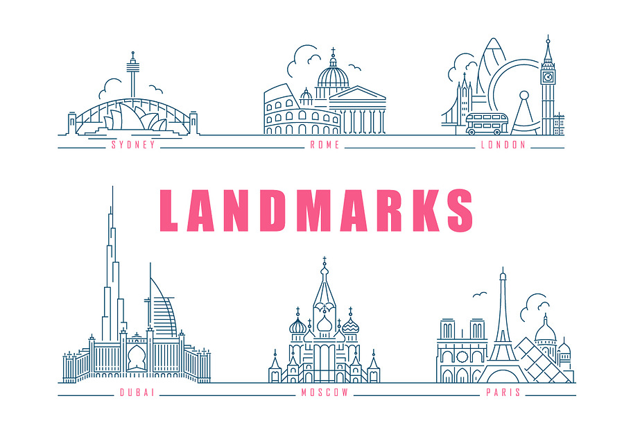 Famous landmarks. Line style icons