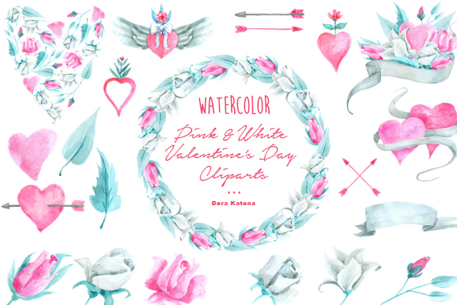 Pink & White Watercolor Cliparts