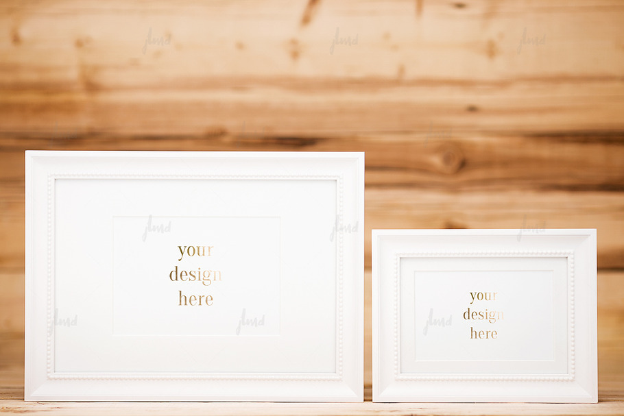 White frames on wood background in Print Mockups - product preview 8