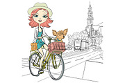 Girl with dog rides a bike