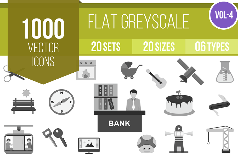 1000 Flat Greyscale Icons (V4)