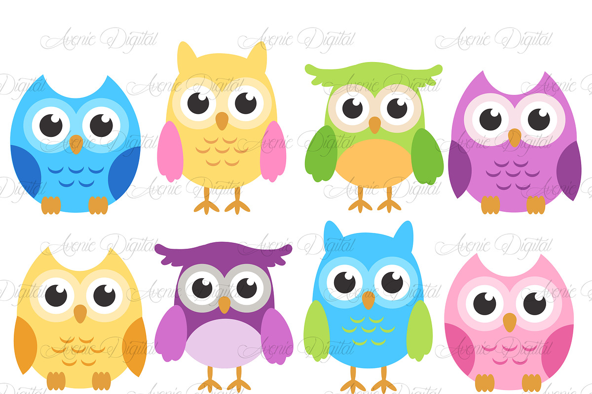 Colorful Owls - Cute bird Clip art | Custom-Designed ...