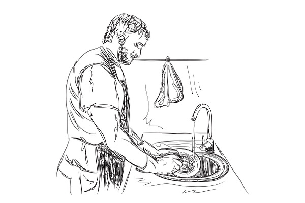 Man Washes Dishes